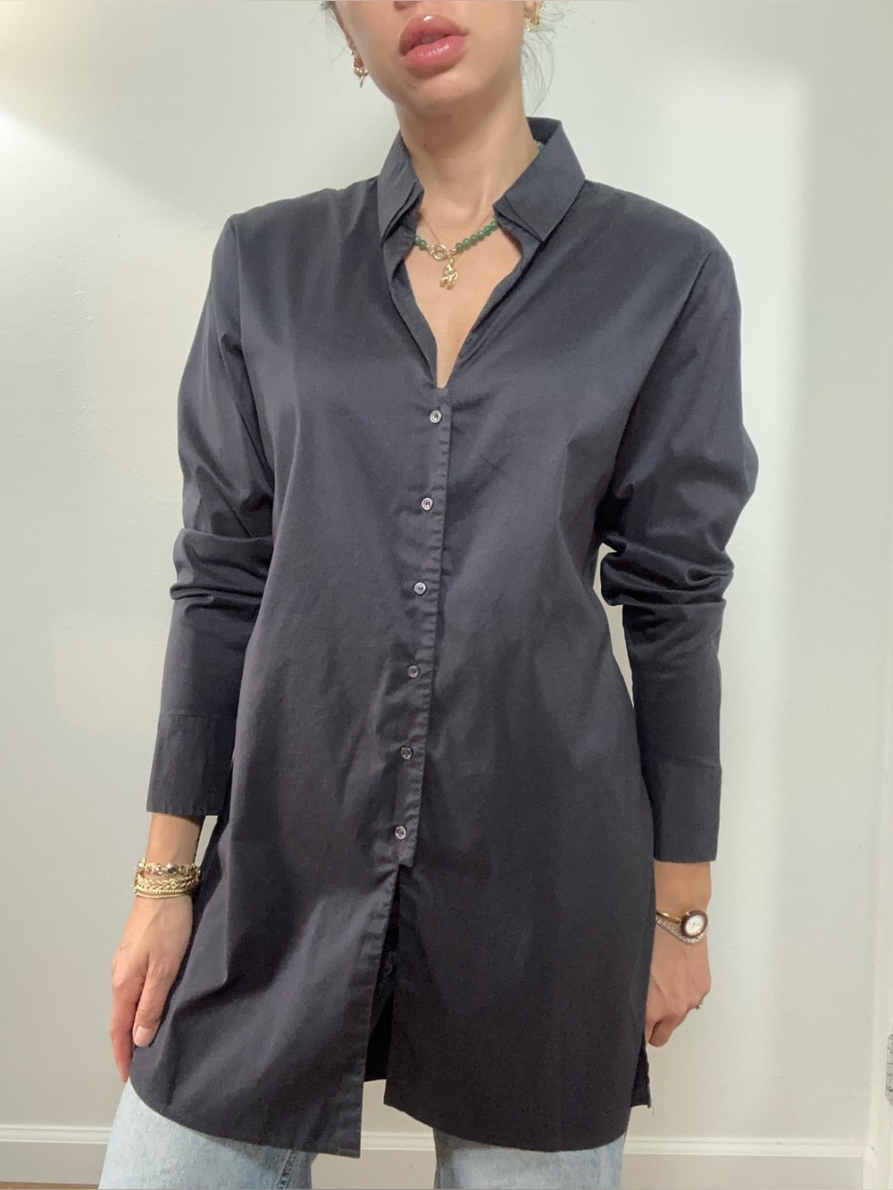 Hugo Boss Black Long Sleeve Long Line Button Front Shirt Collared Size 8